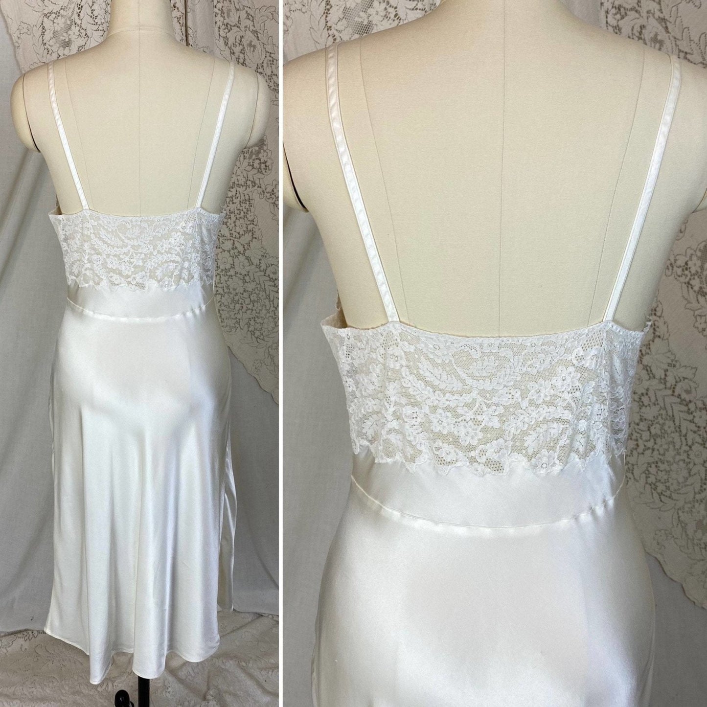 Vintage 1940's Slip | Pearly White Rayon Satin with Pale Ivory Cotton Lace | Size S, M | Fischer Heavenly Lingerie - Daggers & Dames