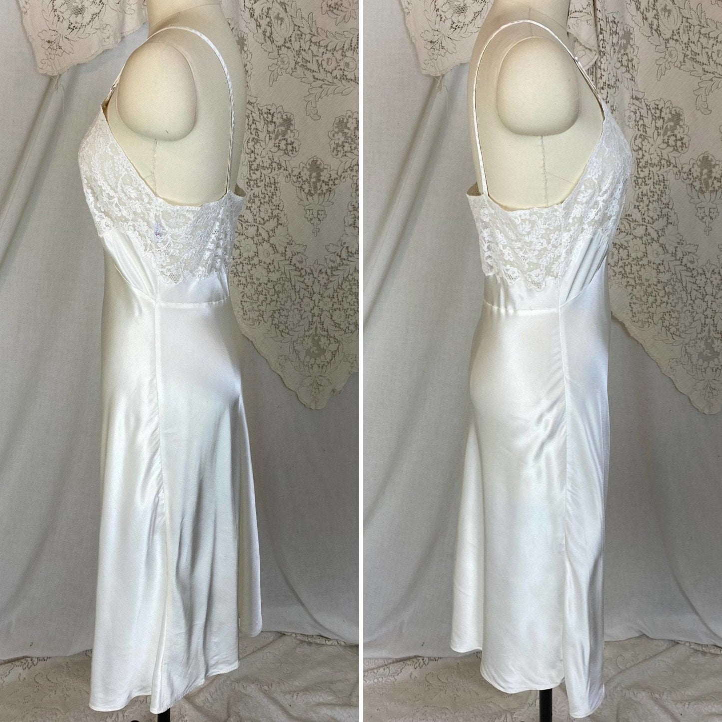 Vintage 1940's Slip | Pearly White Rayon Satin with Pale Ivory Cotton Lace | Size S, M | Fischer Heavenly Lingerie - Daggers & Dames
