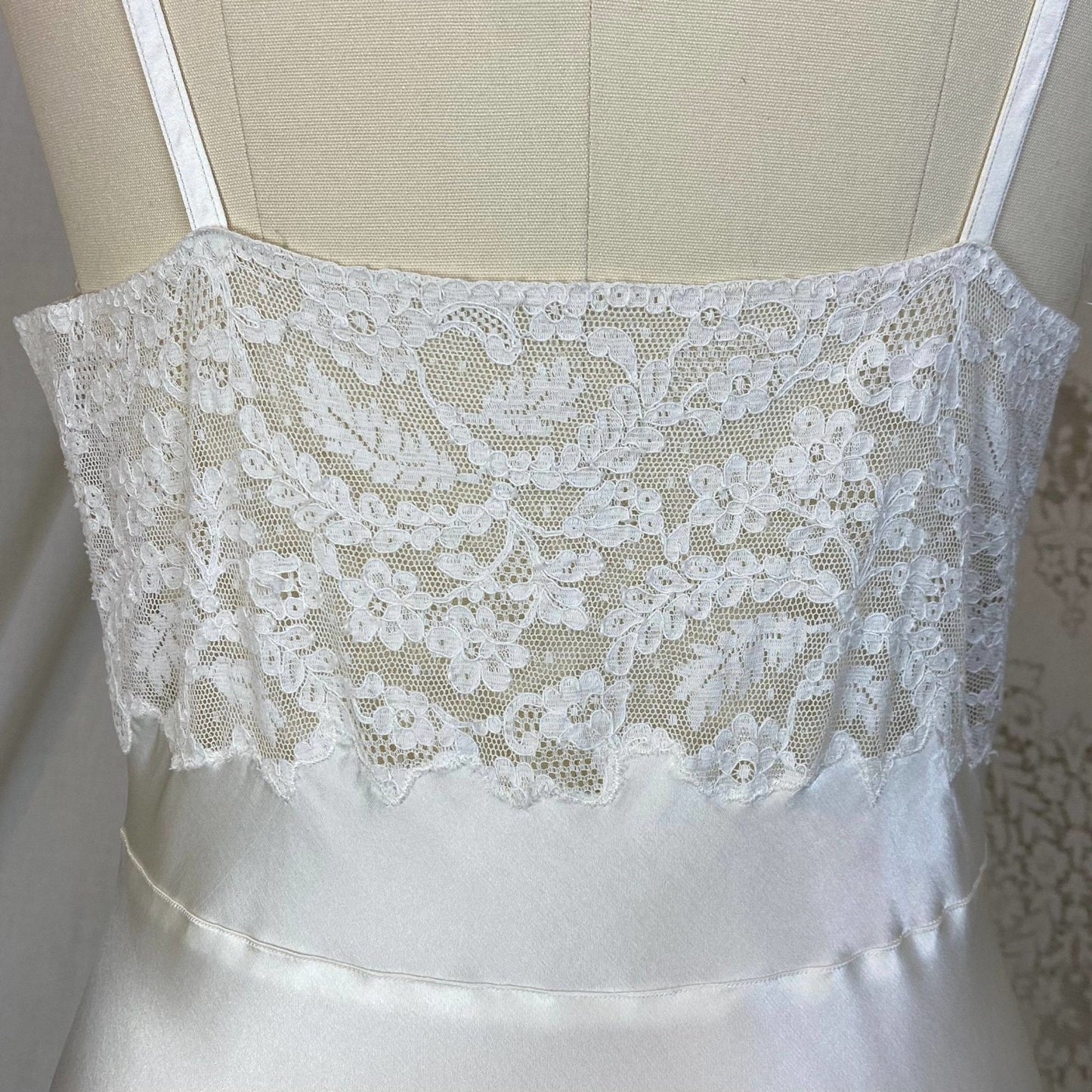 Vintage 1940's Slip | Pearly White Rayon Satin with Pale Ivory Cotton Lace | Size S, M | Fischer Heavenly Lingerie - Daggers & Dames