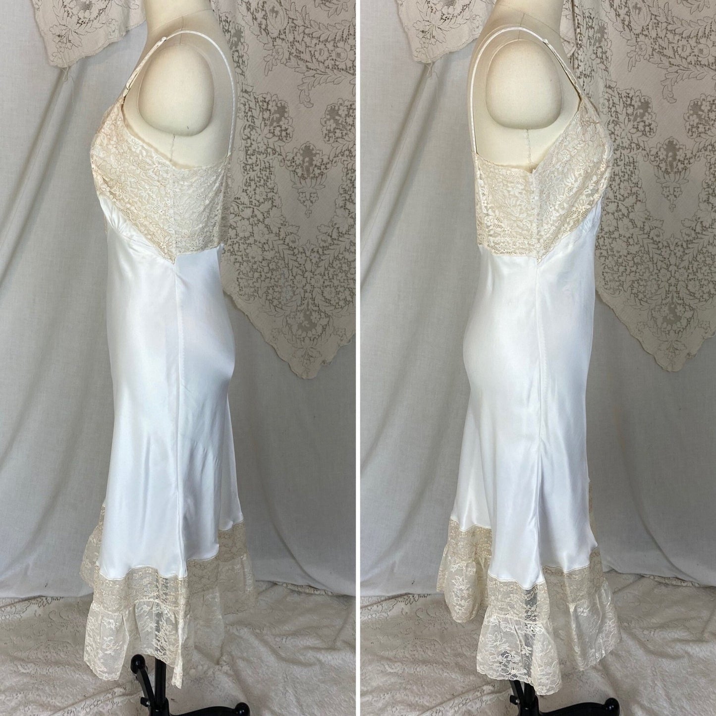 Vintage 1940's Slip | Pearly White Rayon Satin with Warm Nude Cotton Lace & Floral Appliques | Size S, M | Perlcrest -Never Worn - Daggers & Dames