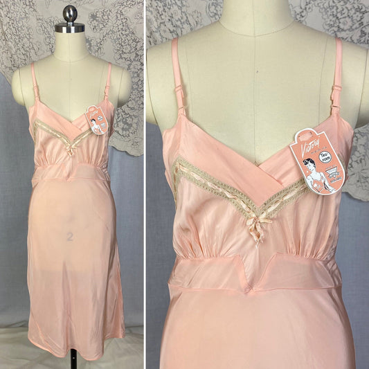 Vintage 1940's Slip | Rich Blush Pink Rayon with Nude Lace | Size 34 Bust, S | Tru-Form, New with Tags - Daggers & Dames
