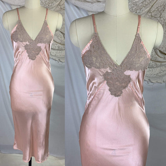 Vintage 1940's Slip | Rich Rose Gold Rayon Satin with Taupe Alençon Lace & Deep Bias Cut | Never Worn | Size XS - Daggers & Dames