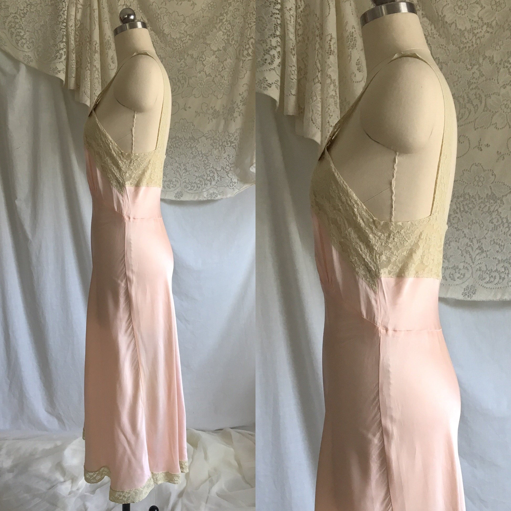Vintage 1940's Slip | Rose Gold Pink Rayon Satin with Ecru Lace Trim |Size S, M - Daggers & Dames