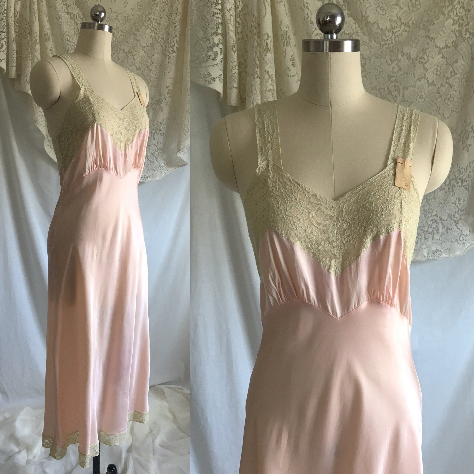 Vintage 1940's Slip | Rose Gold Pink Rayon Satin with Ecru Lace Trim |Size S, M - Daggers & Dames
