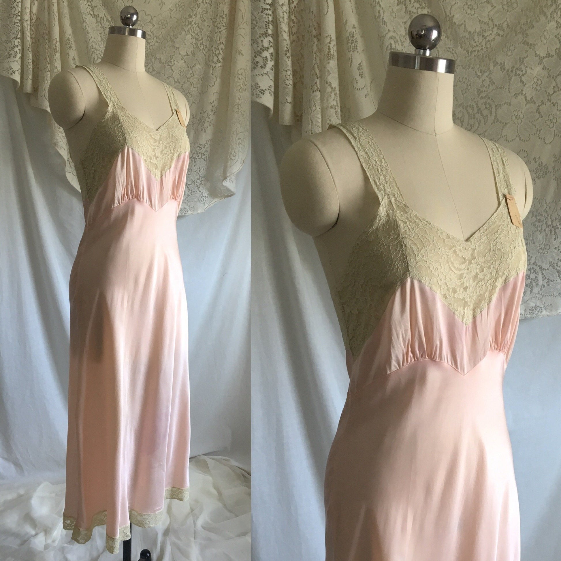 Vintage 1940's Slip | Rose Gold Pink Rayon Satin with Ecru Lace Trim |Size S, M - Daggers & Dames