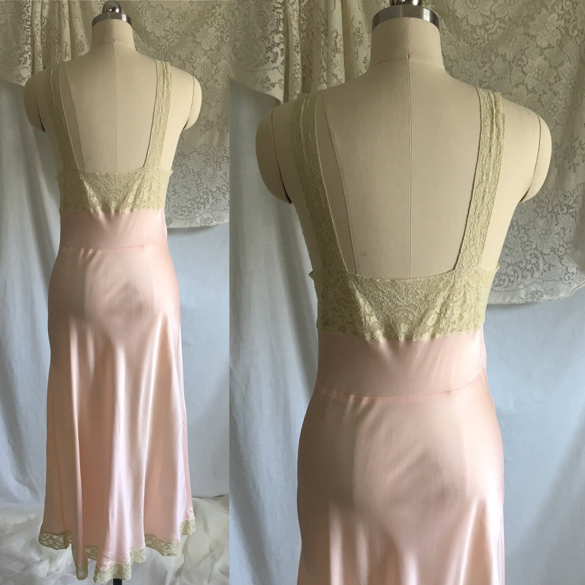 Vintage 1940's Slip | Rose Gold Pink Rayon Satin with Ecru Lace Trim |Size S, M - Daggers & Dames