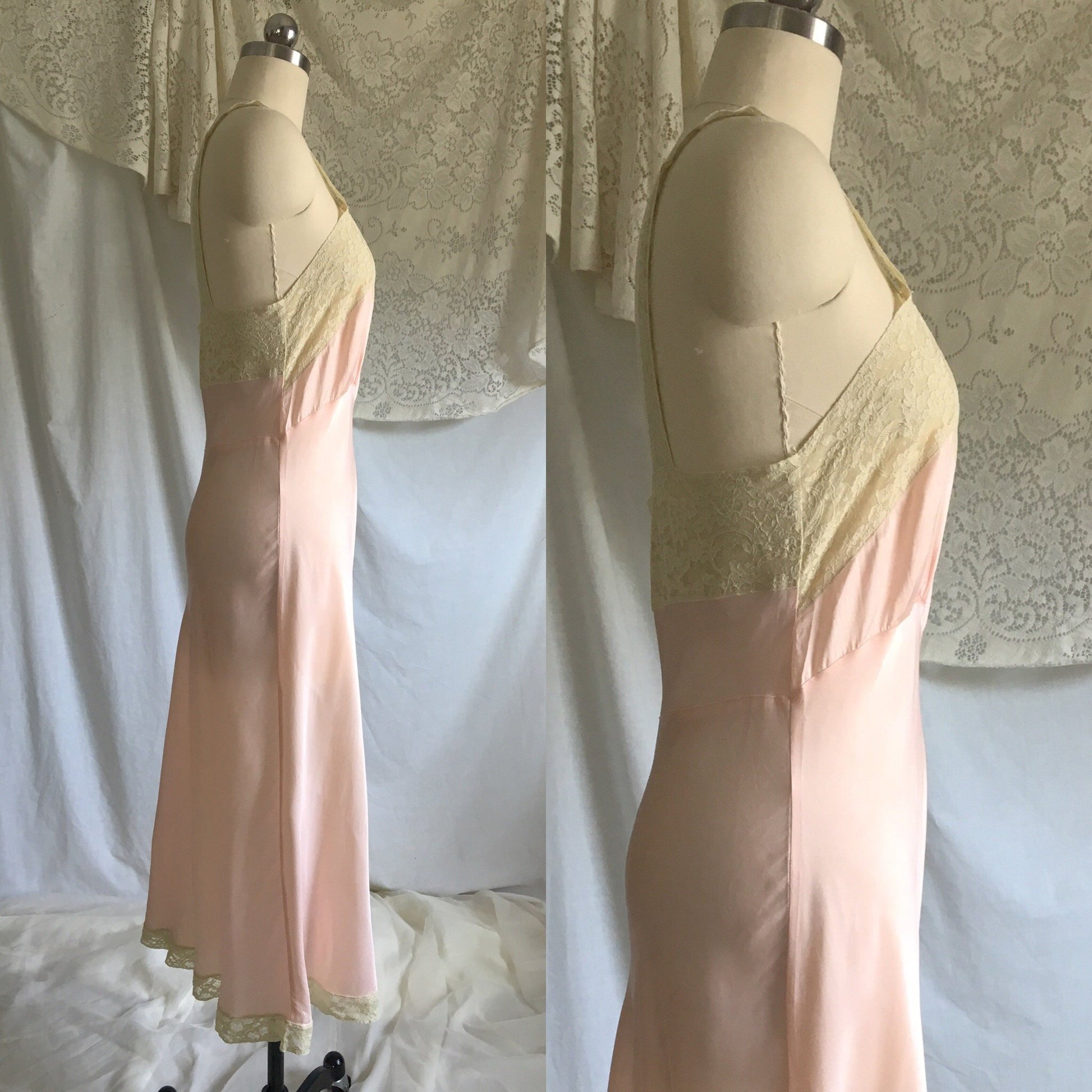 Vintage 1940's Slip | Rose Gold Pink Rayon Satin with Ecru Lace Trim |Size S, M - Daggers & Dames