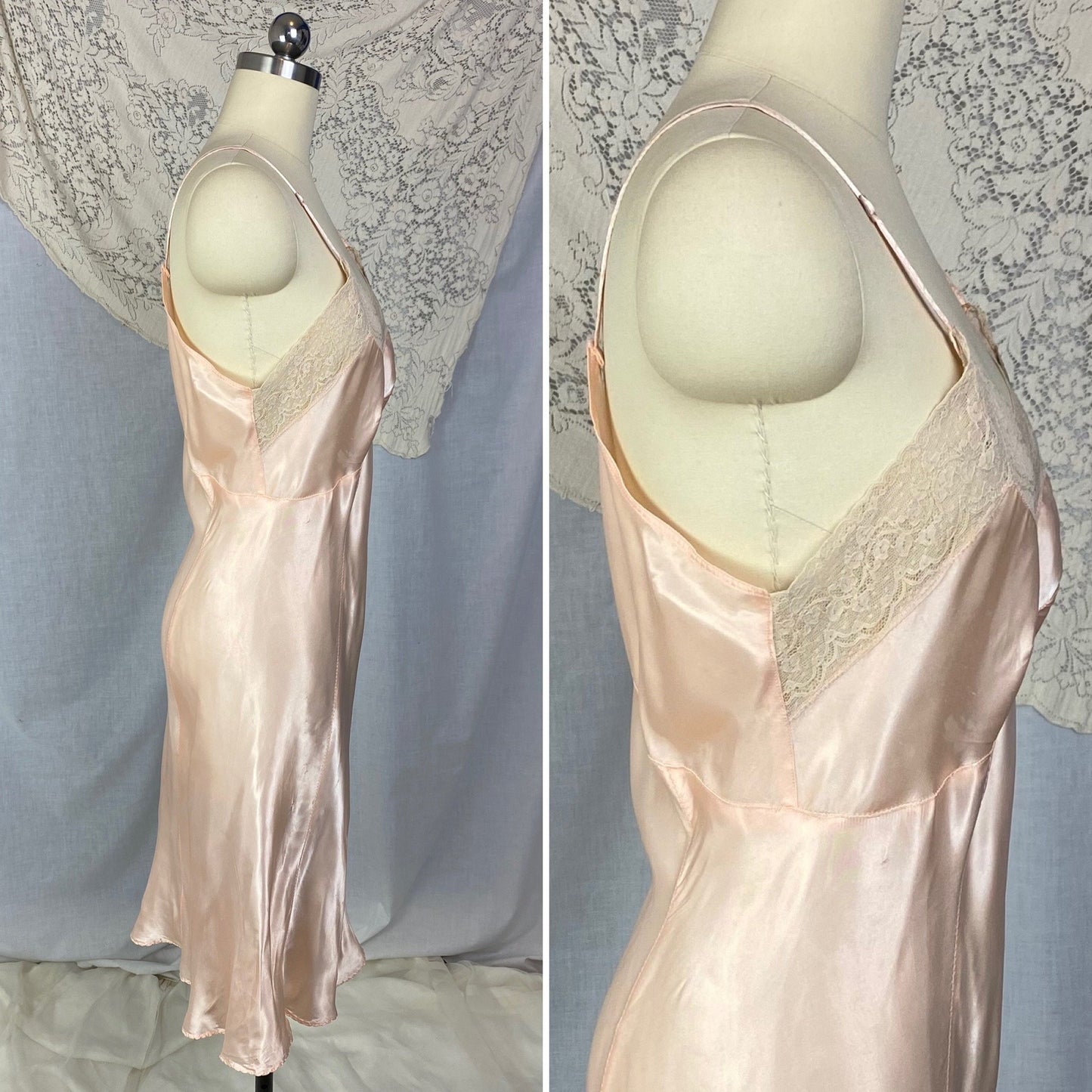 Vintage 1940's Slip | Rose Gold Pink Rayon Satin with Lace | Size M/LG | ChamaLea -New with Tag - Daggers & Dames