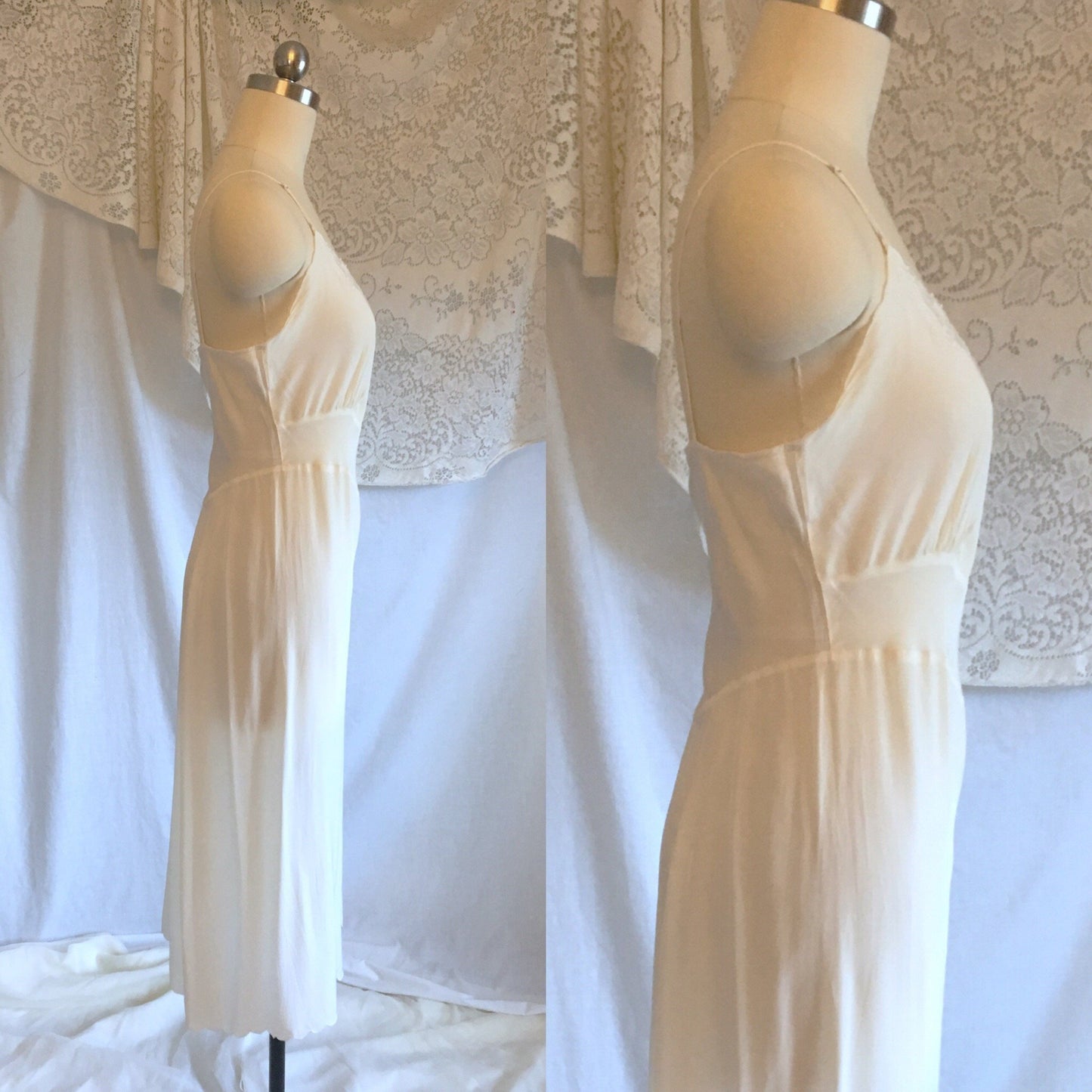Vintage 1940's Slip | Sheer White Rayon with Tulle Inserts & Filigree Embroidery | Laros | Size XS - Daggers & Dames