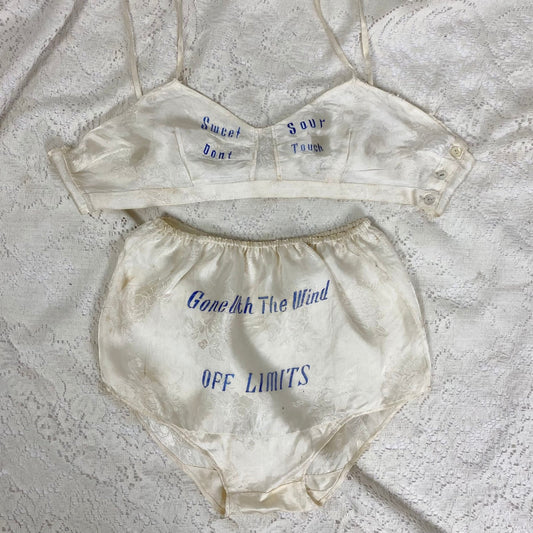 Vintage 1940's Souvenir Bralette & Panty Lingerie Set | Silky Ivory Rayon Satin Damask with Don't Touch Novelty Print | Size XS - Daggers & Dames