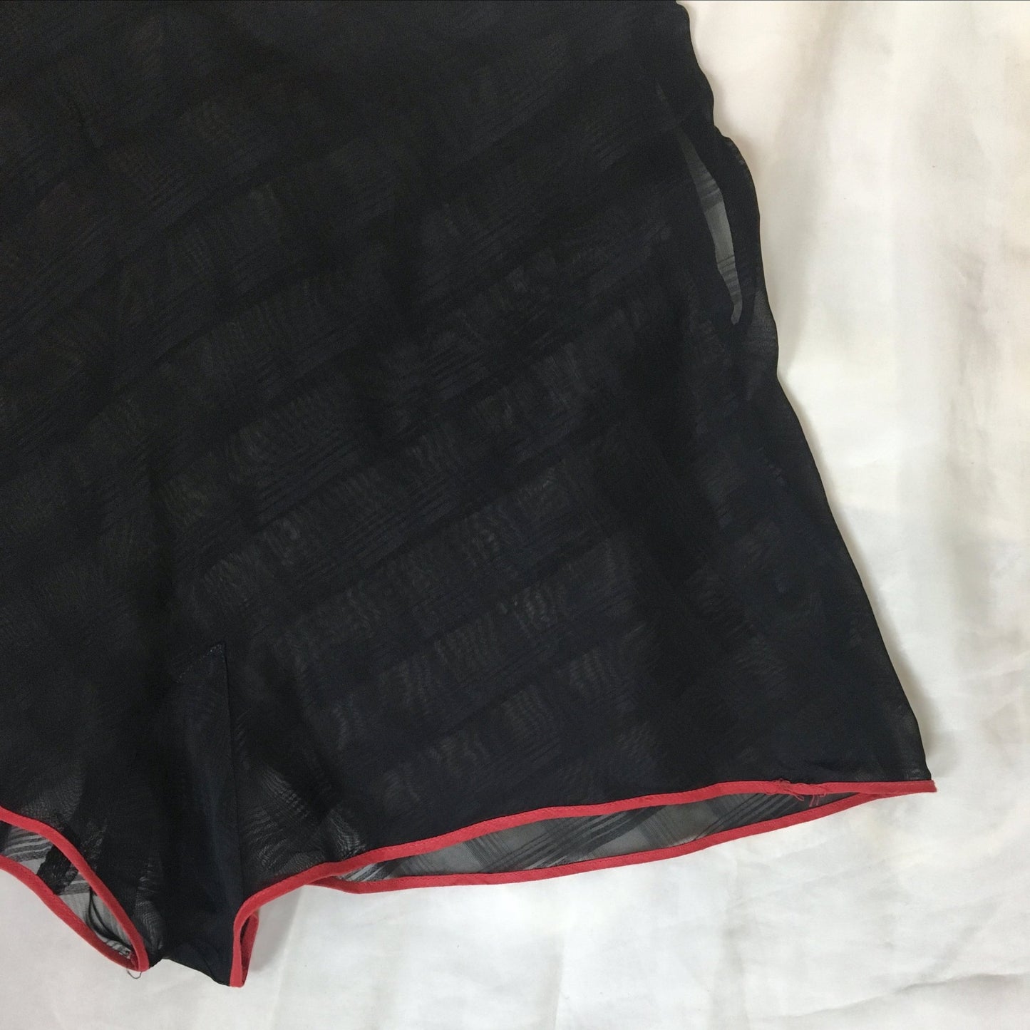 Vintage 1940's Tap Pants | Sheer Black Plaid Pattern Rayon Chiffon with Red Piped Hems | Size SM, MED - Daggers & Dames