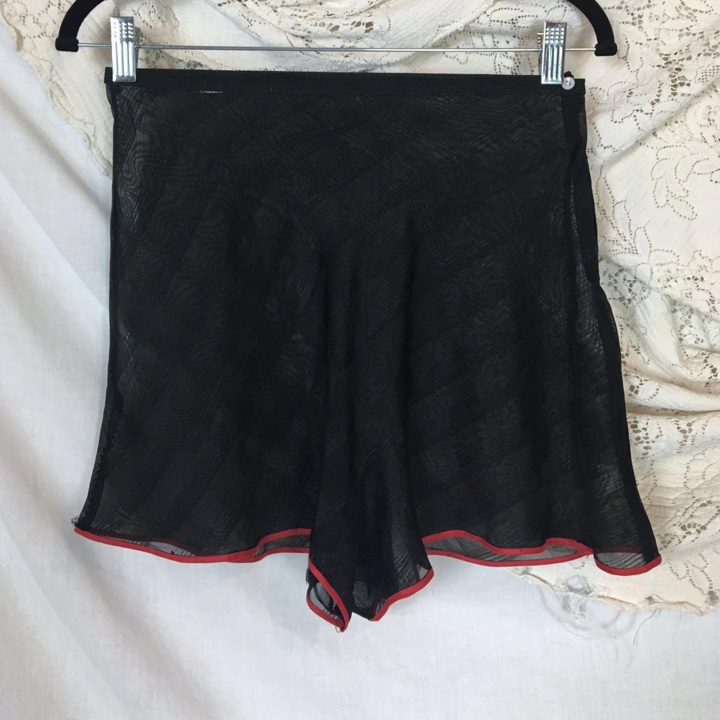 Vintage 1940's Tap Pants | Sheer Black Plaid Pattern Rayon Chiffon with Red Piped Hems | Size SM, MED - Daggers & Dames