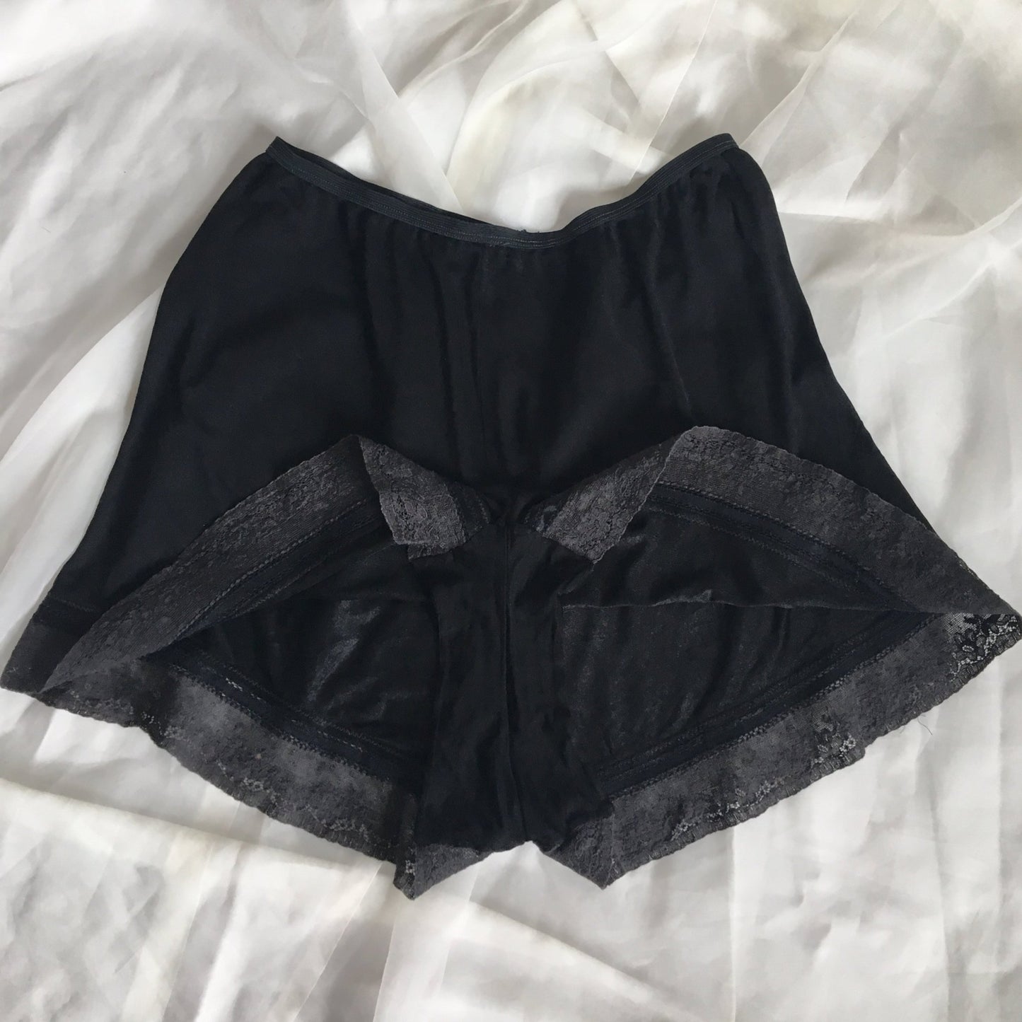 Vintage 1940's Tap Pants | Silky Black Rayon with Satin Ribbon and Lace | Carter's | Size M, LG - Daggers & Dames
