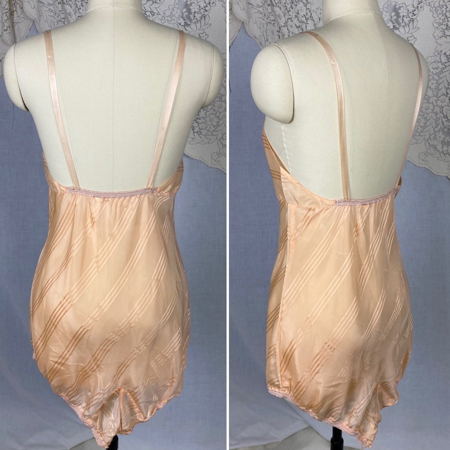 Vintage 1940's Teddy Chemise | Peach Silk with Satin Damask Stripes | Size S, M | Streamline -Never Worn - Daggers & Dames