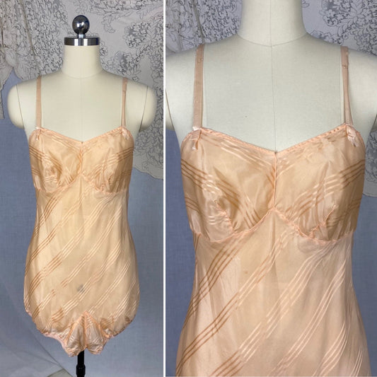 Vintage 1940's Teddy Chemise | Peach Silk with Satin Damask Stripes | Size S, M | Streamline -Never Worn - Daggers & Dames