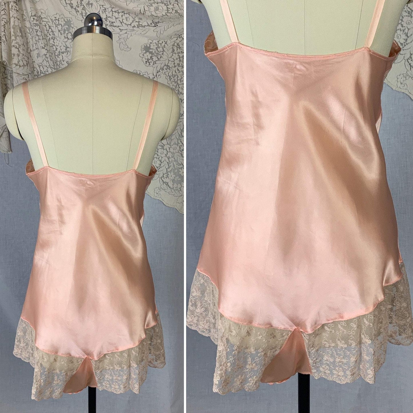 Vintage 1940's Teddy Chemise | Rose Pink Rayon Satin with Tambour Lace Embroidery | Size M - Daggers & Dames