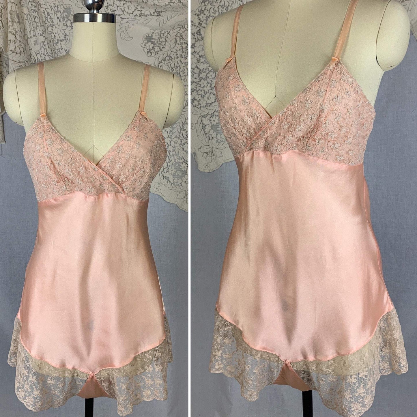 Vintage 1940's Teddy Chemise | Rose Pink Rayon Satin with Tambour Lace Embroidery | Size M - Daggers & Dames