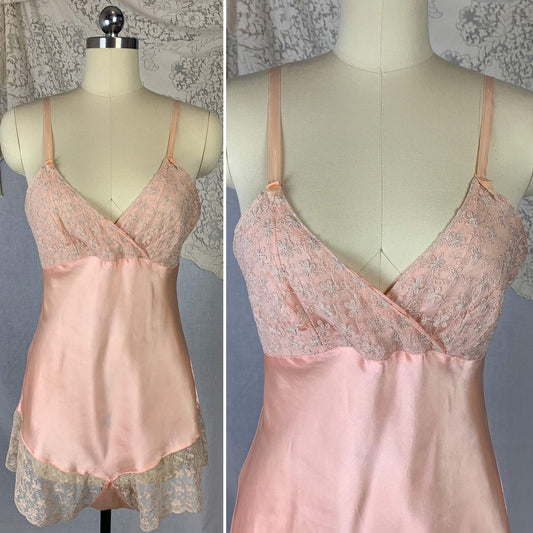 Vintage 1940's Teddy Chemise | Rose Pink Rayon Satin with Tambour Lace Embroidery | Size M - Daggers & Dames