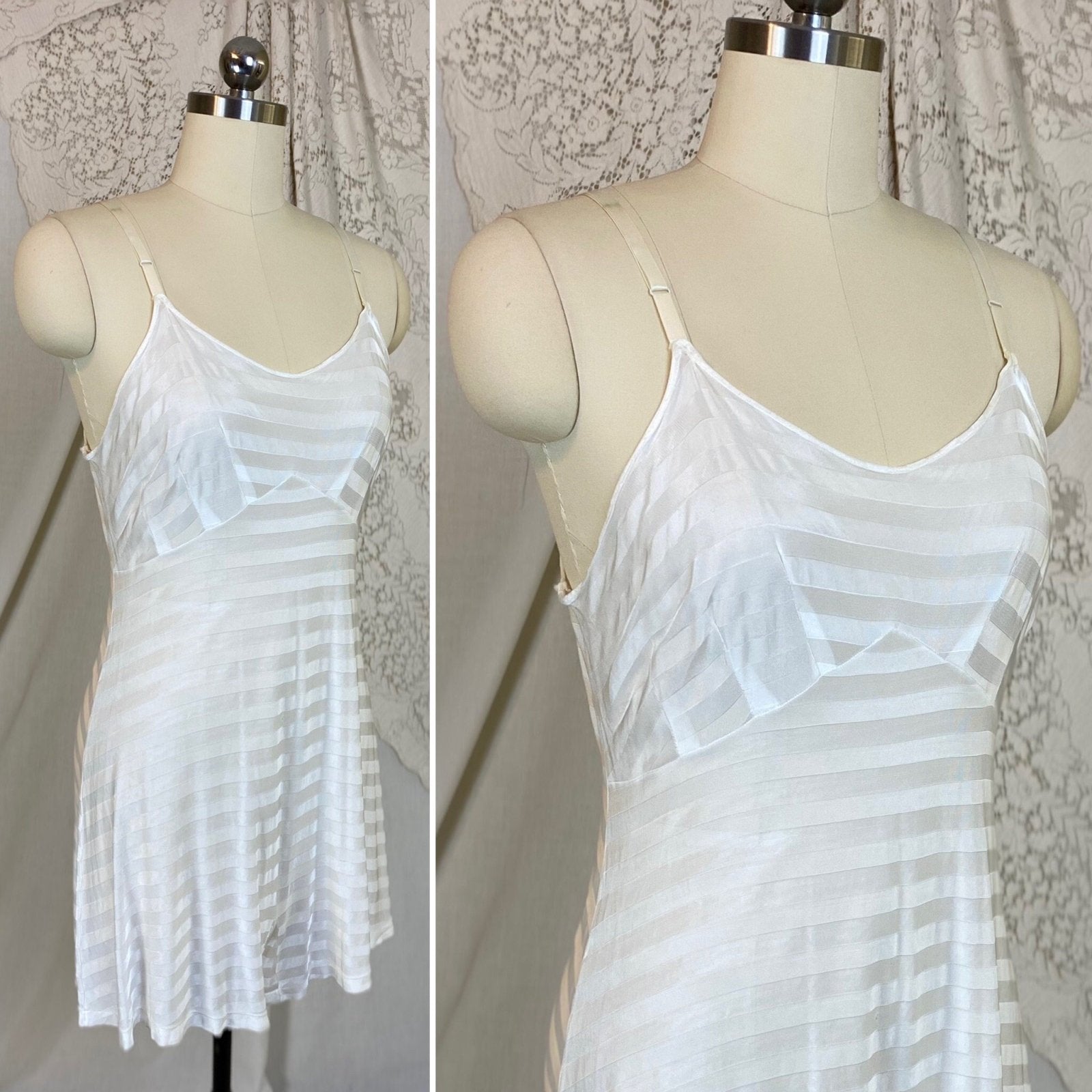 Vintage 1940's Teddy Chemise | Silky White Rayon Knit with Satin Stripes | Size M, LG | Stryps by Van Raalte - Daggers & Dames