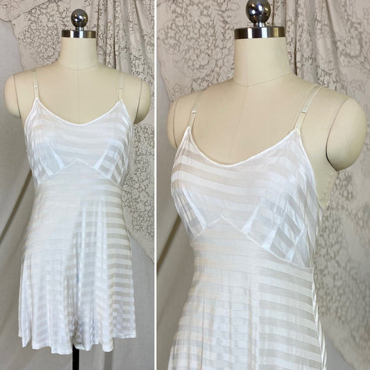 Vintage 1940's Teddy Chemise | Silky White Rayon Knit with Satin Stripes | Size M, LG | Stryps by Van Raalte - Daggers & Dames