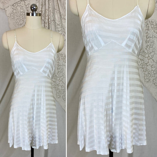 Vintage 1940's Teddy Chemise | Silky White Rayon Knit with Satin Stripes | Size M, LG | Stryps by Van Raalte - Daggers & Dames