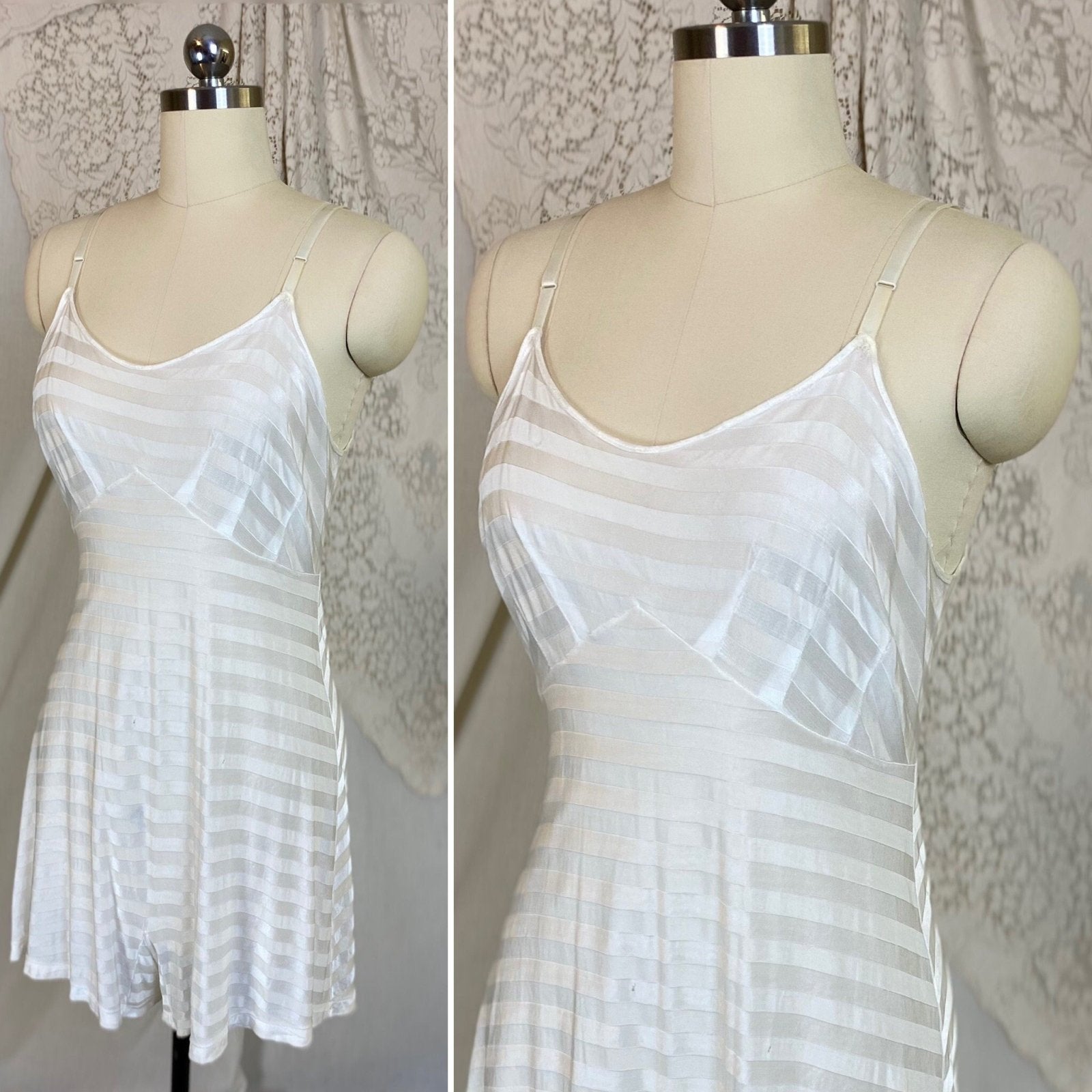 Vintage 1940's Teddy Chemise | Silky White Rayon Knit with Satin Stripes | Size M, LG | Stryps by Van Raalte - Daggers & Dames