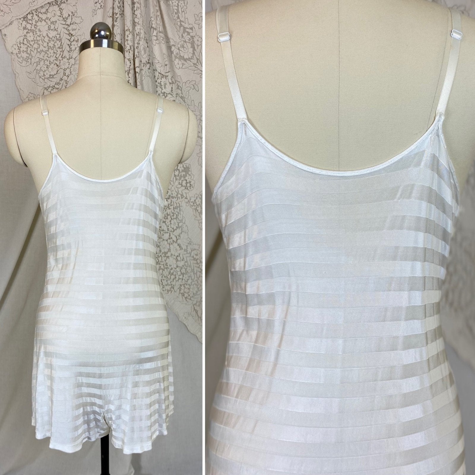 Vintage 1940's Teddy Chemise | Silky White Rayon Knit with Satin Stripes | Size M, LG | Stryps by Van Raalte - Daggers & Dames