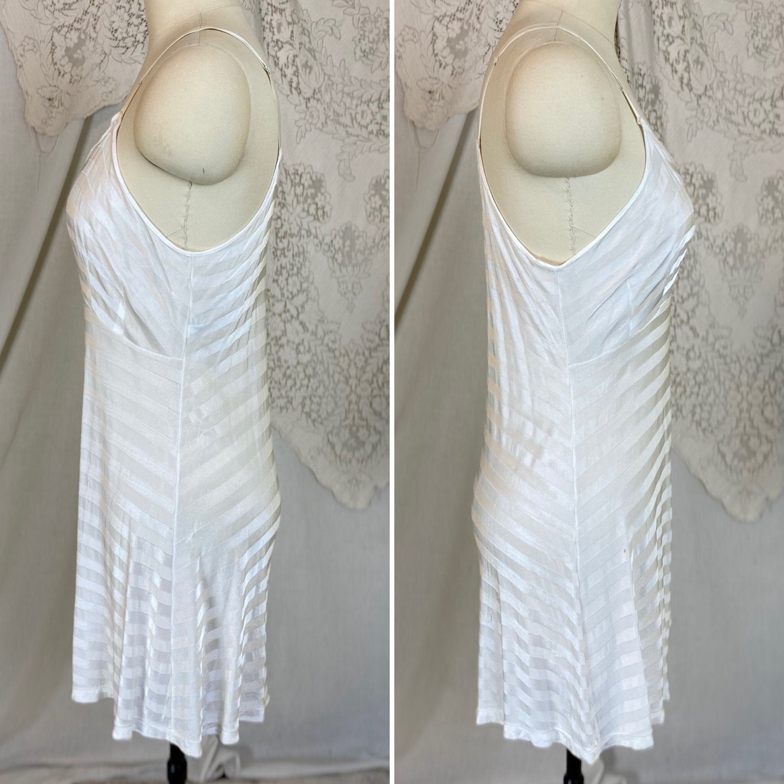 Vintage 1940's Teddy Chemise | Silky White Rayon Knit with Satin Stripes | Size M, LG | Stryps by Van Raalte - Daggers & Dames