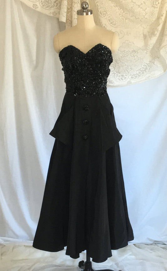 Vintage 1940s's Dress | Black Sequined Bodice &Taffeta | Strapless Evening Gown | Prom Dress | Jack Herzog | Size XS - Daggers & Dames