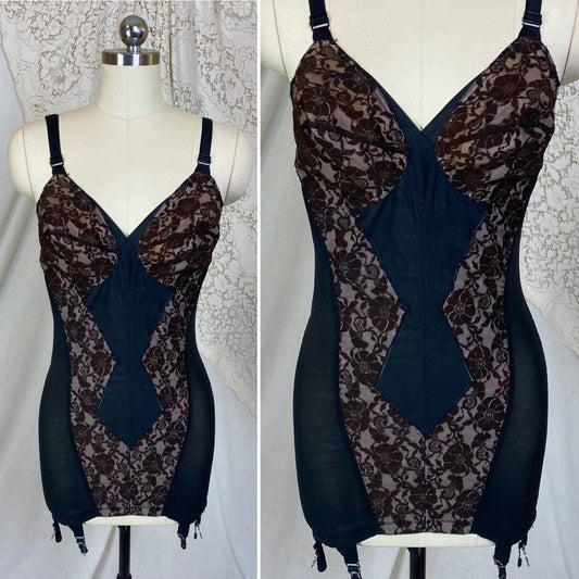 Vintage 1950's All in One Girdle | Black Mesh with Floral Lace over Nude Illusion | Size 38 C, 36 D | Wonder Span by Charmode - Daggers & Dames