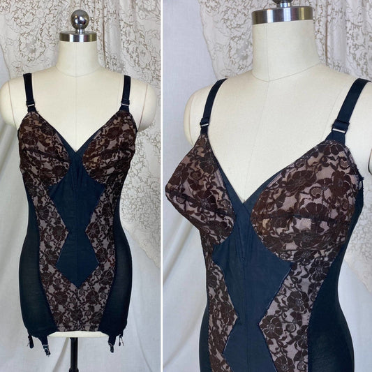 Vintage 1950's All in One Girdle | Black Mesh with Floral Lace over Nude Illusion | Size 38 C, 36 D | Wonder Span by Charmode - Daggers & Dames
