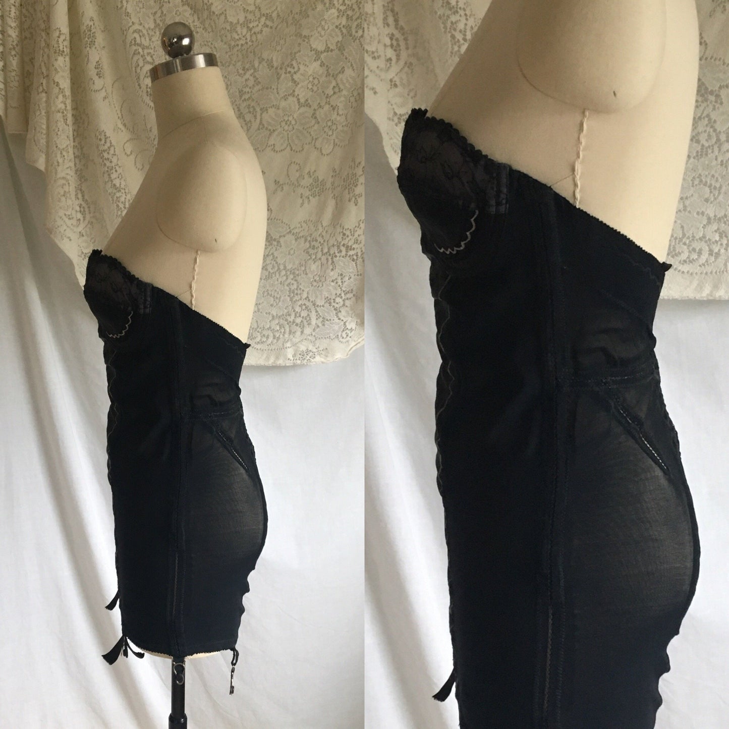 Vintage 1950's All in One Girdle | Black Rayon Satin with Mesh Elastic & Embroidery | The Shape by Scandale | Size M - Daggers & Dames