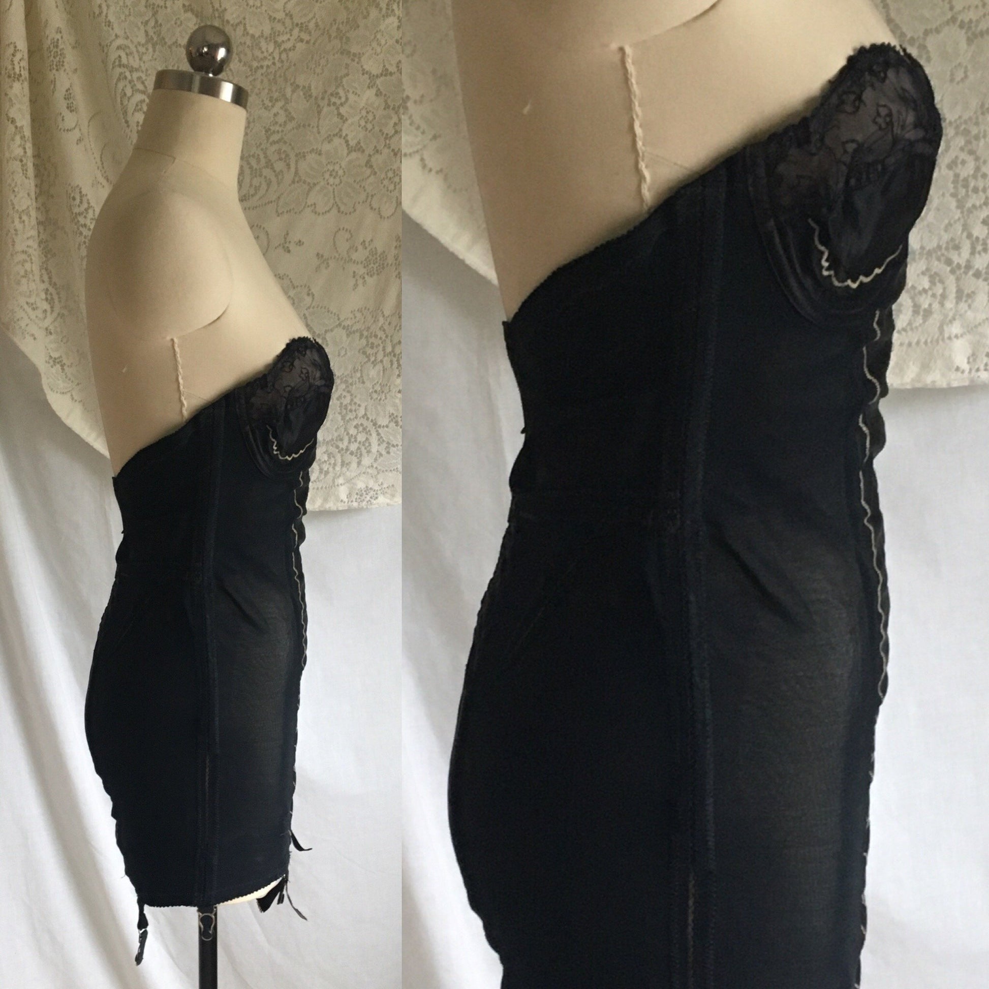 Vintage 1950's All in One Girdle | Black Rayon Satin with Mesh Elastic & Embroidery | The Shape by Scandale | Size M - Daggers & Dames