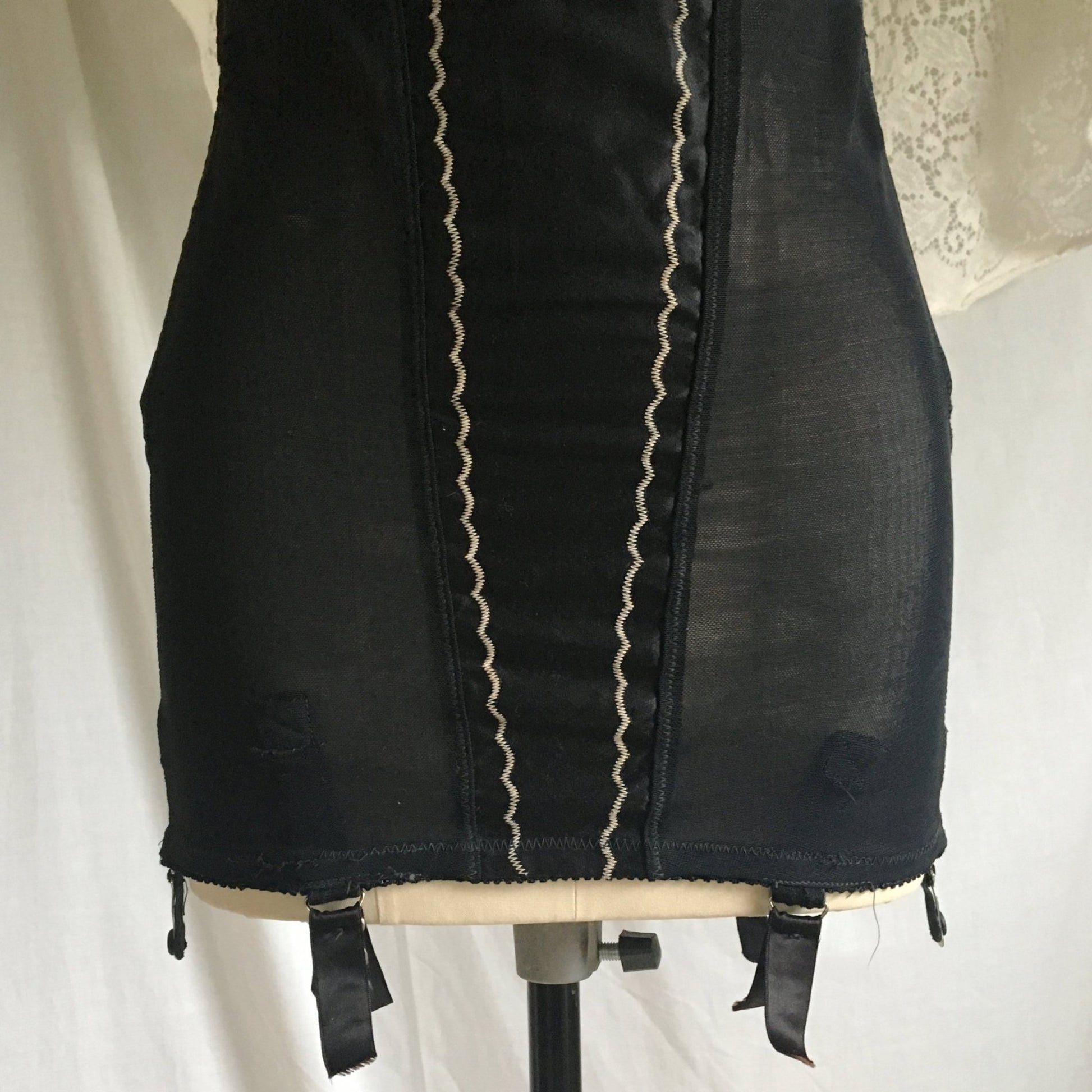 Vintage 1950's All in One Girdle | Black Rayon Satin with Mesh Elastic & Embroidery | The Shape by Scandale | Size M - Daggers & Dames