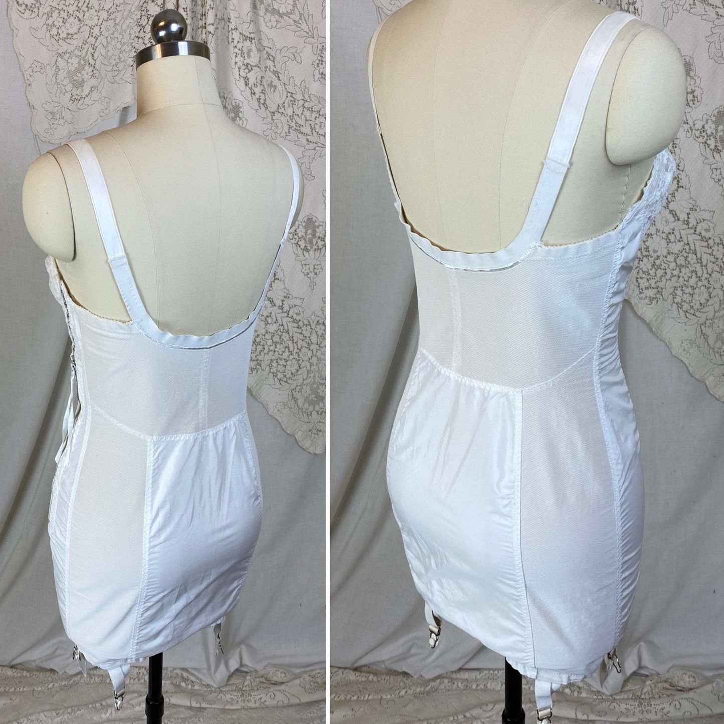 Vintage 1950's All in One Girdle | Bright White Embroidered Nylon Taffeta with Elastic Mesh & Lace | Size 34 C, 36 B | Life by Formfit - Daggers & Dames