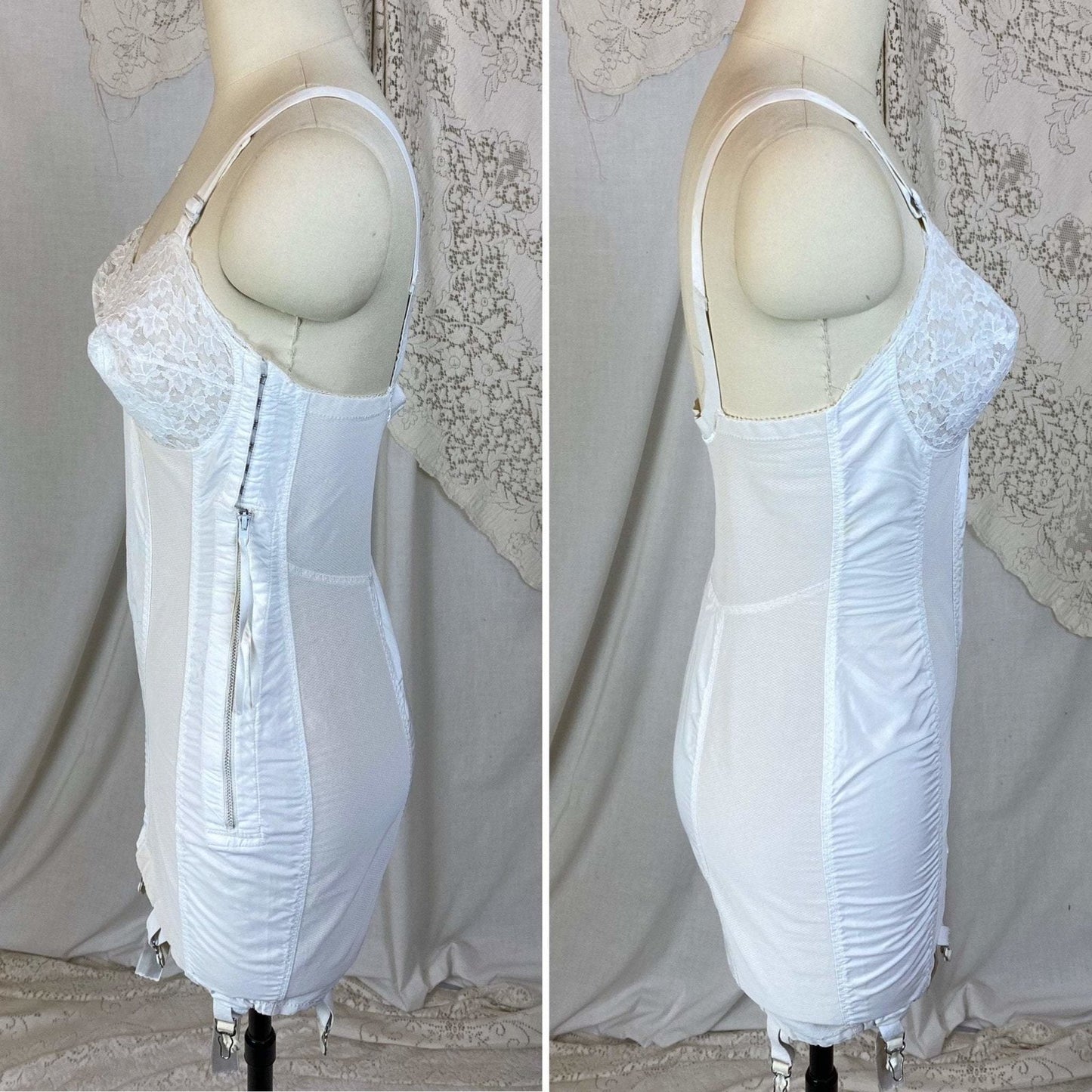 Vintage 1950's All in One Girdle | Bright White Embroidered Nylon Taffeta with Elastic Mesh & Lace | Size 34 C, 36 B | Life by Formfit - Daggers & Dames