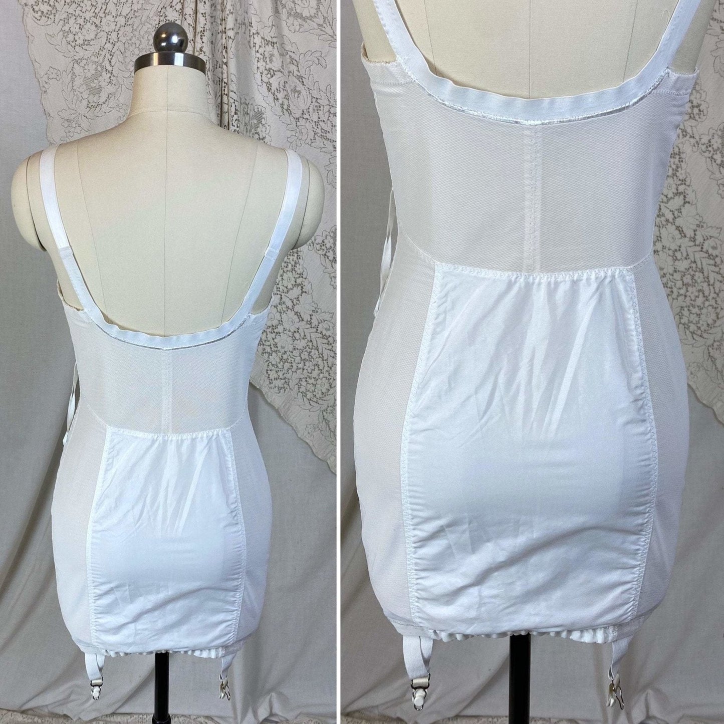 Vintage 1950's All in One Girdle | Bright White Embroidered Nylon Taffeta with Elastic Mesh & Lace | Size 34 C, 36 B | Life by Formfit - Daggers & Dames