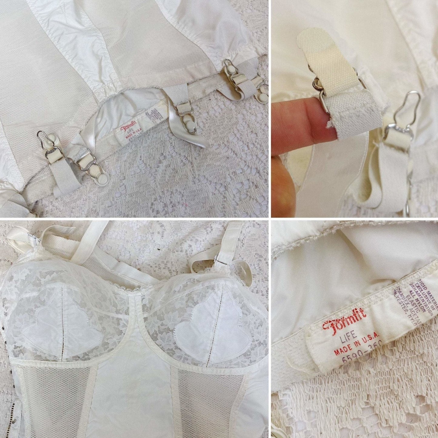 Vintage 1950's All in One Girdle | Bright White Embroidered Nylon Taffeta with Elastic Mesh & Lace | Size 34 C, 36 B | Life by Formfit - Daggers & Dames