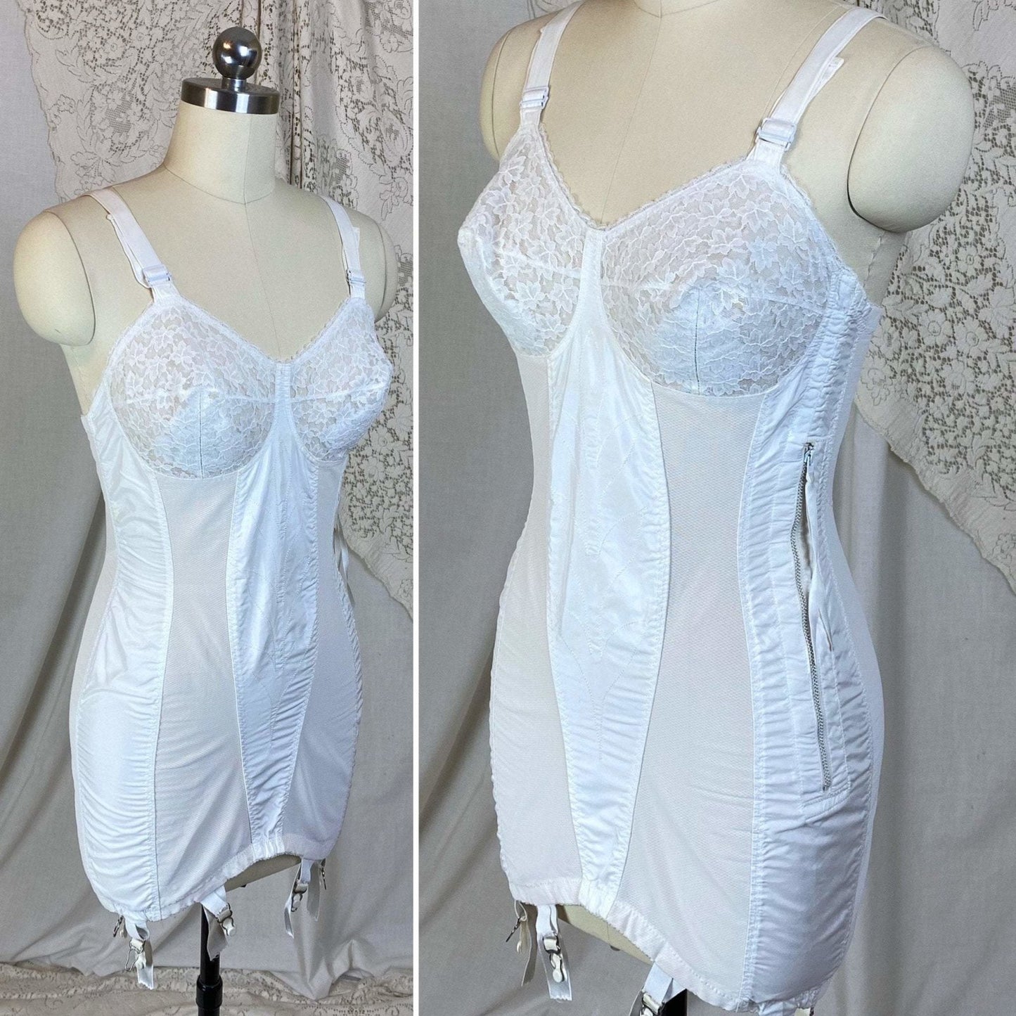 Vintage 1950's All in One Girdle | Bright White Embroidered Nylon Taffeta with Elastic Mesh & Lace | Size 34 C, 36 B | Life by Formfit - Daggers & Dames