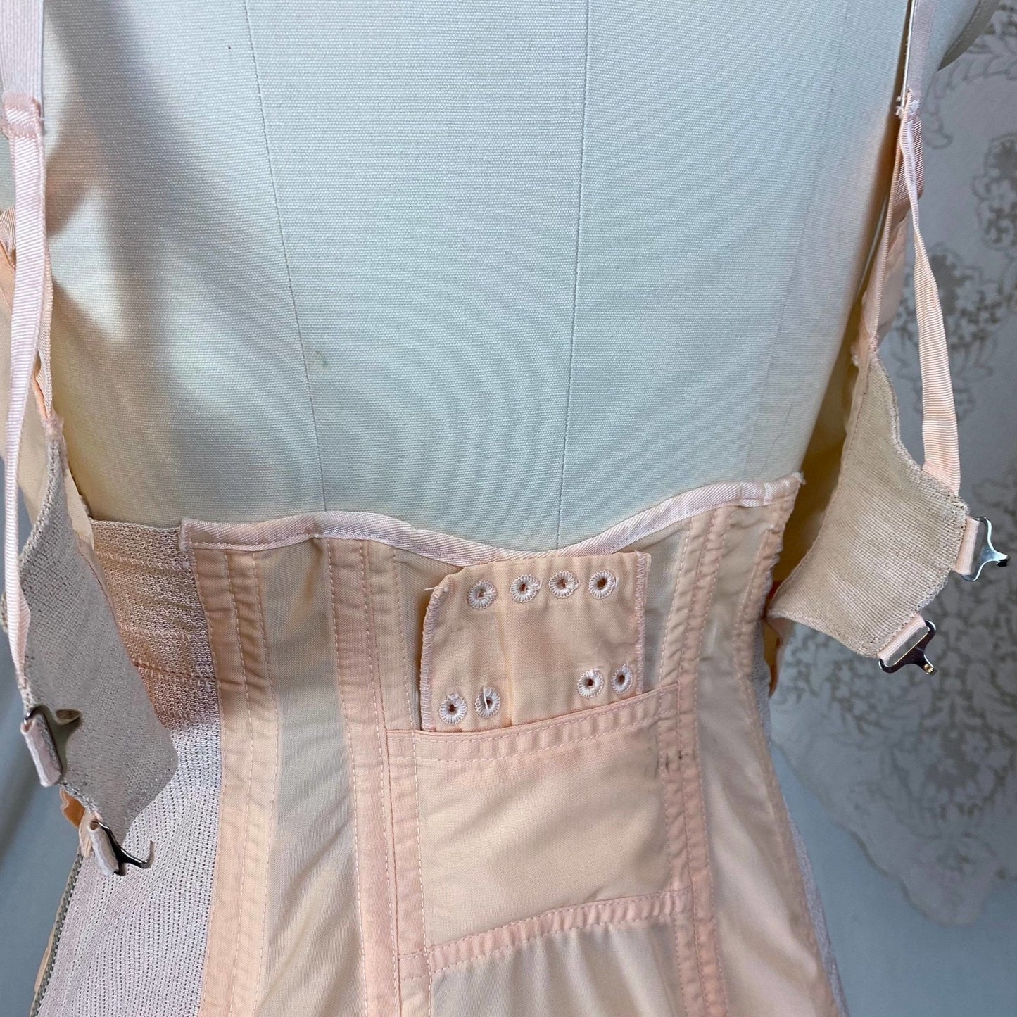 Vintage 1950's All in One Girdle | Pale Peach Nylon with Chiffon & Pull-Back Rear Clasp | Size 34 C, 36 B - Daggers & Dames