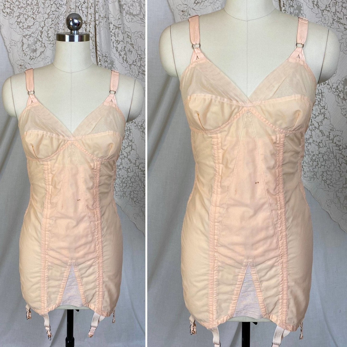 Vintage 1950's All in One Girdle | Pale Peach Nylon with Chiffon & Pull-Back Rear Clasp | Size 34 C, 36 B - Daggers & Dames