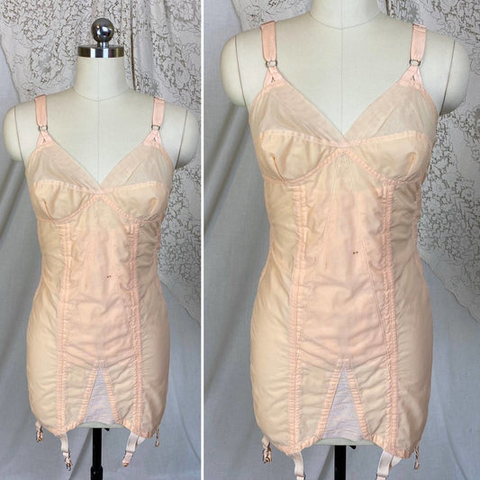Vintage 1950's All in One Girdle | Pale Peach Nylon with Chiffon & Pull-Back Rear Clasp | Size 34 C, 36 B - Daggers & Dames
