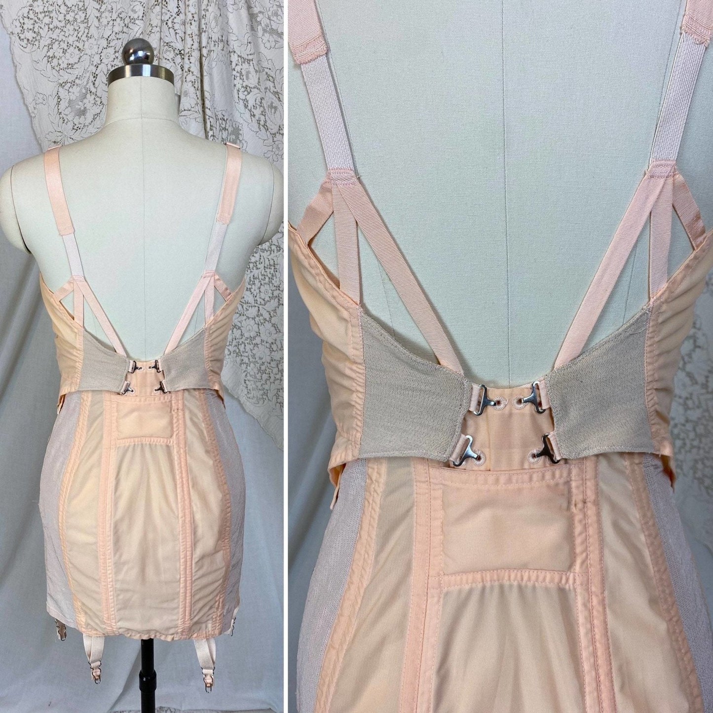 Vintage 1950's All in One Girdle | Pale Peach Nylon with Chiffon & Pull-Back Rear Clasp | Size 34 C, 36 B - Daggers & Dames