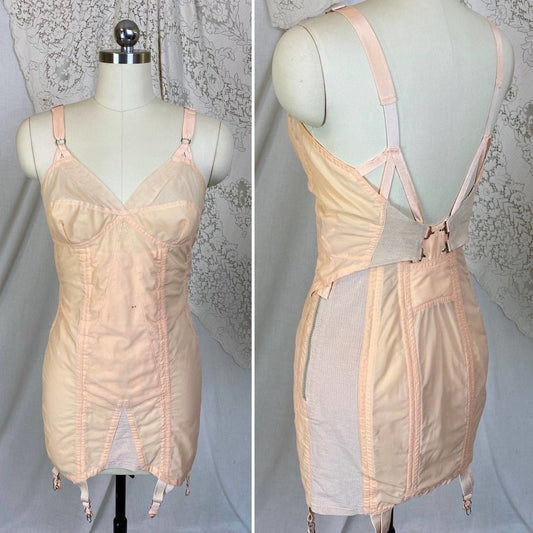 Vintage 1950's All in One Girdle | Pale Peach Nylon with Chiffon & Pull-Back Rear Clasp | Size 34 C, 36 B - Daggers & Dames