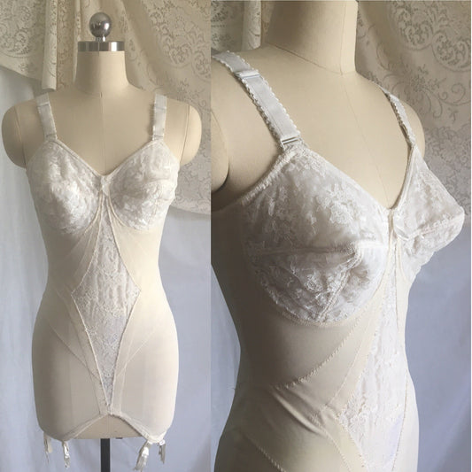 Vintage 1950's All in One Girdle | White Nylon Lace | 6 Ribbon Covered Garters | JACQUES HEIM for Carol Brent | Bridal Lingerie | Size 36 D - Daggers & Dames