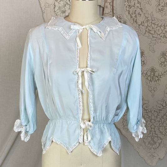 Vintage 1950's Bed Jacket | Pale Powder Blue Rayon with White Lace & Scalloped Hem | Size XS, S | Artemis - Daggers & Dames