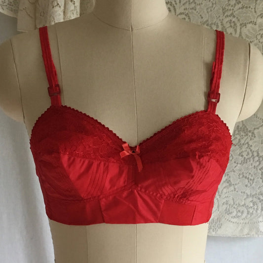 Vintage 1950's Bra | Bright Red Nylon & Lace with Bullet Cups | Celebrity | Size 34 B - Daggers & Dames