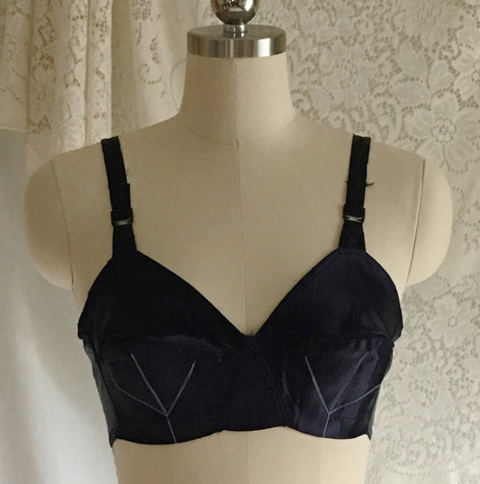 Vintage 1950's Bra | Size 34 B | Navy Blue Acetate Satin with White Stitching & Bullet Cups | Tru Form - Daggers & Dames