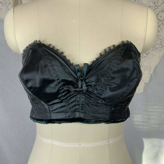 Vintage 1950's Cathedral Bra | Black Acetate Satin with Plush Velvet & Tulle Lace | Size 36 B, C | Exquisite Form - Daggers & Dames