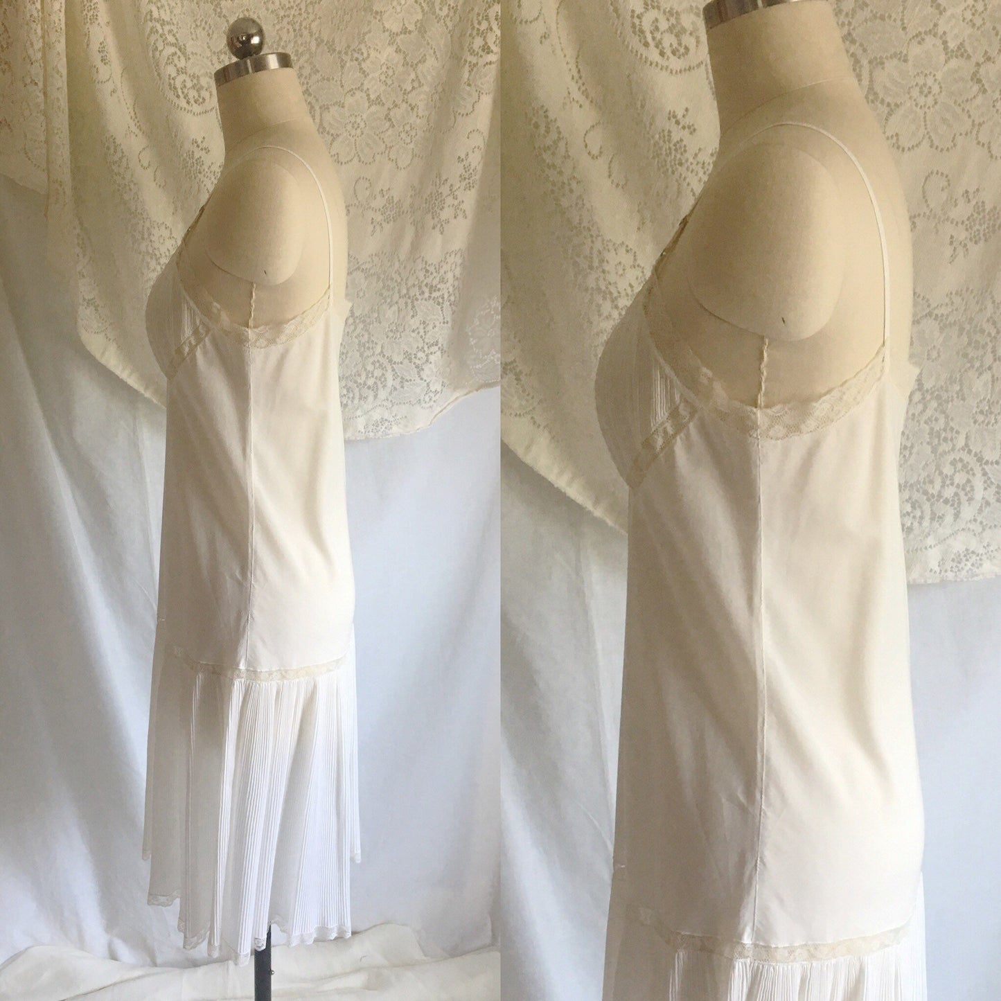 Vintage 1950's Chemise Slip | White Dacron Cotton Batiste & Lace | Crystal Pleating | Barbizon | Size SM - Daggers & Dames